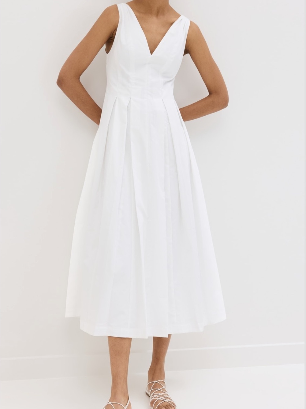 Hill House V-Neck White Midi Dress - Elegant Pleated Skirt